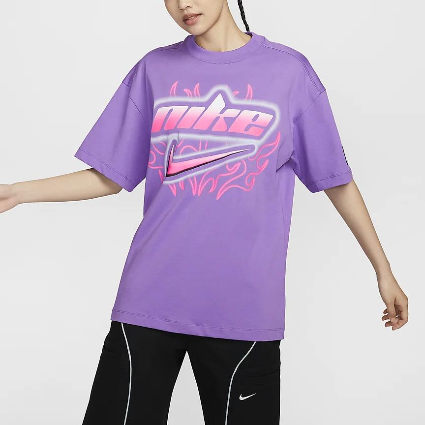 Nike Sportswear Oversized Lightweight Printed Casual Short Sleeve T-Shirt Women Tops Raspberry FZ1147-521