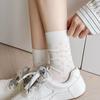 Thin Socks Hollow Four-Leaf Clover Trend Mid-Tube Socks Cream White Mesh Boneless Cotton Pile Socks