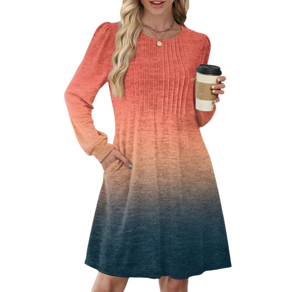 Women's Long Sleeve Pleated Round Neck Gradient Printed Casual Dress With Pockets