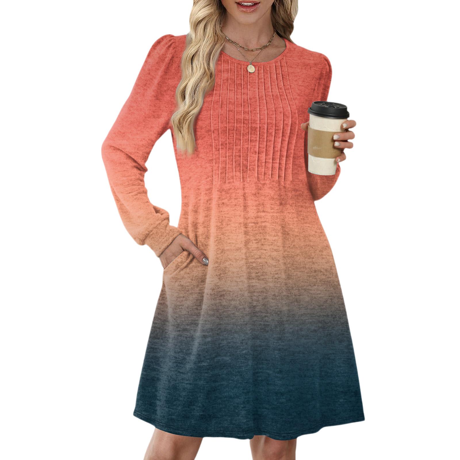 

Женское повседневное платье с длинным рукавом, плиссировкой, круглым вырезом, градиентным принтом и карманами XXL шафрановый