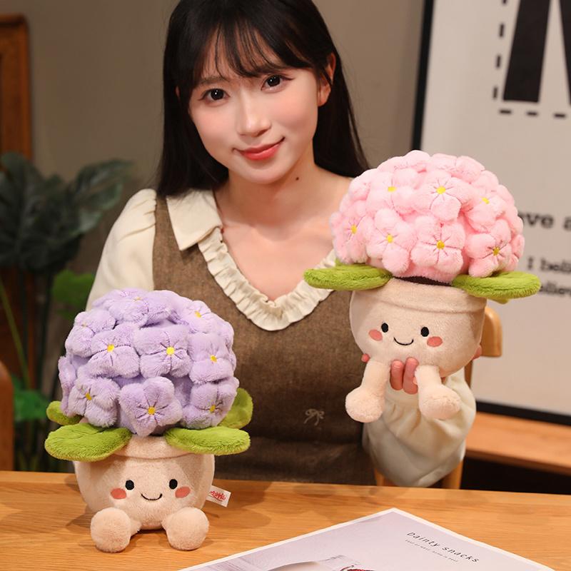 Vaso per Fiori a Forma di Ortensia Cartone Animato Pianta Ripiena Morbida Soffice Pianta in Vaso Sorridente Peluche Giocattolo Fiore Peluche per Regali di Festa della Mamma