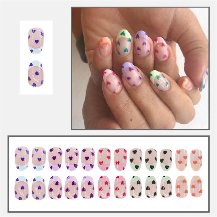 Valentine's Day Short Press On Nail With French Tip And Heart Designs Fashionable Stick On Nail Manicure Nail Decoration