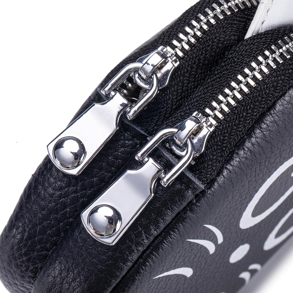 Äkta Läder Katt Myntplånbok för Kvinnor, Sött Myntfodral med Nyckelring, Miniplånbok, Accessoarväska, Katt Minipåse med Nyckelring (Svart)