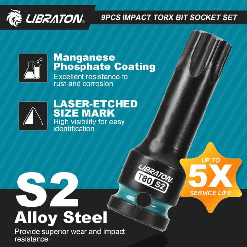 LIBRATON Torx Bit Socket Set, 1/2-inch (12.7mm) Drive, S2 Steel, Star Bit Socket Set, T30-T80, Impact Torx Socket Set, 9-Piece Set