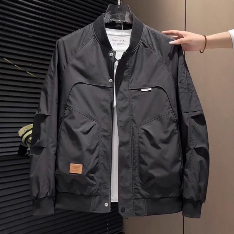 Spring Autumn Men Fashionable Casual Workwear Jacket Solid Outdoor Windproof Baseball Coat Loose Men Outerwear Coat S чёрный