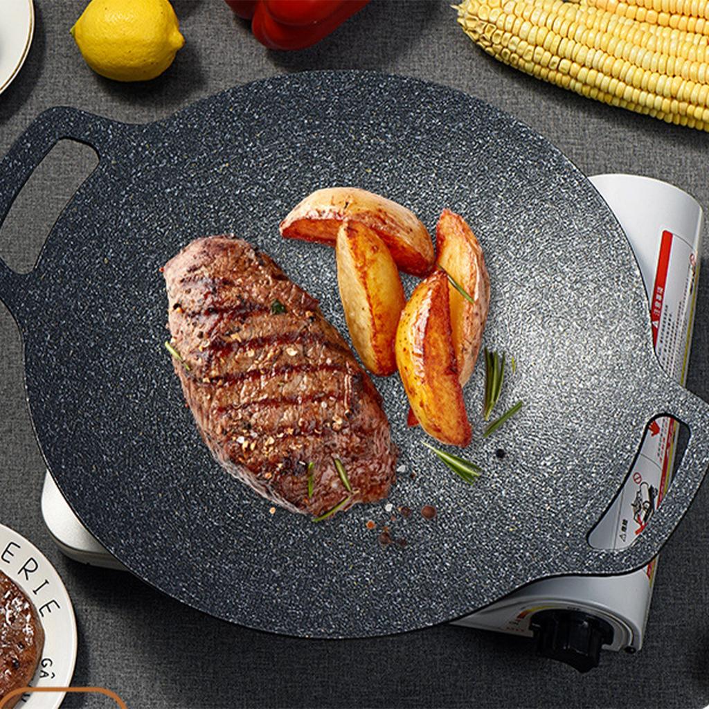 Round Barbecue Plate Nonstick BBQ Frying Cooking Pan with Food Tongs and Protection Gloves