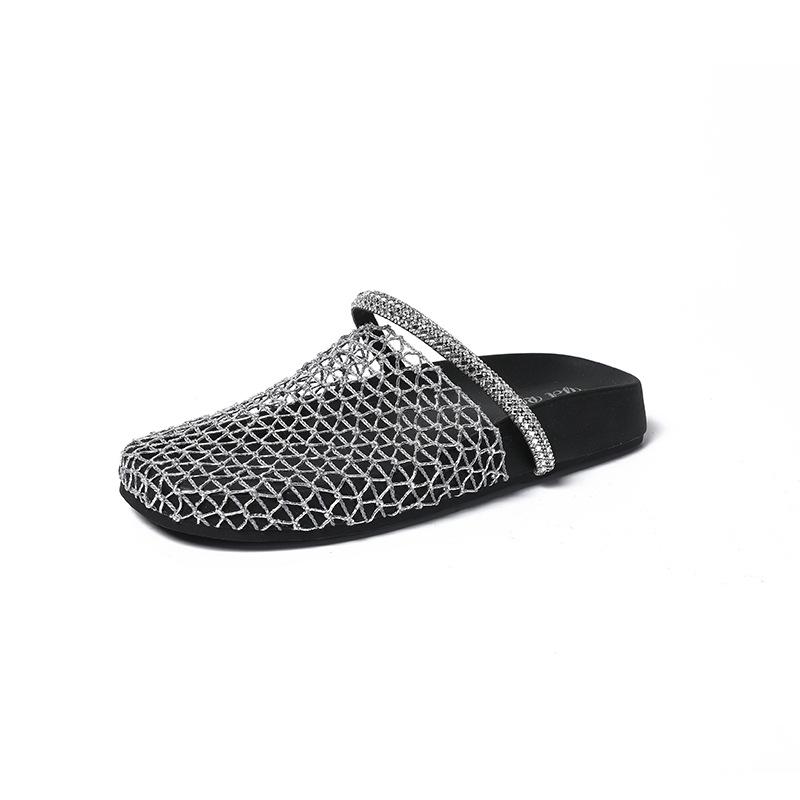 Fairy wind thick bottom cool slippers female outer wear niche 2025 summer baotou mesh rhinestone soft bottom beach half drag