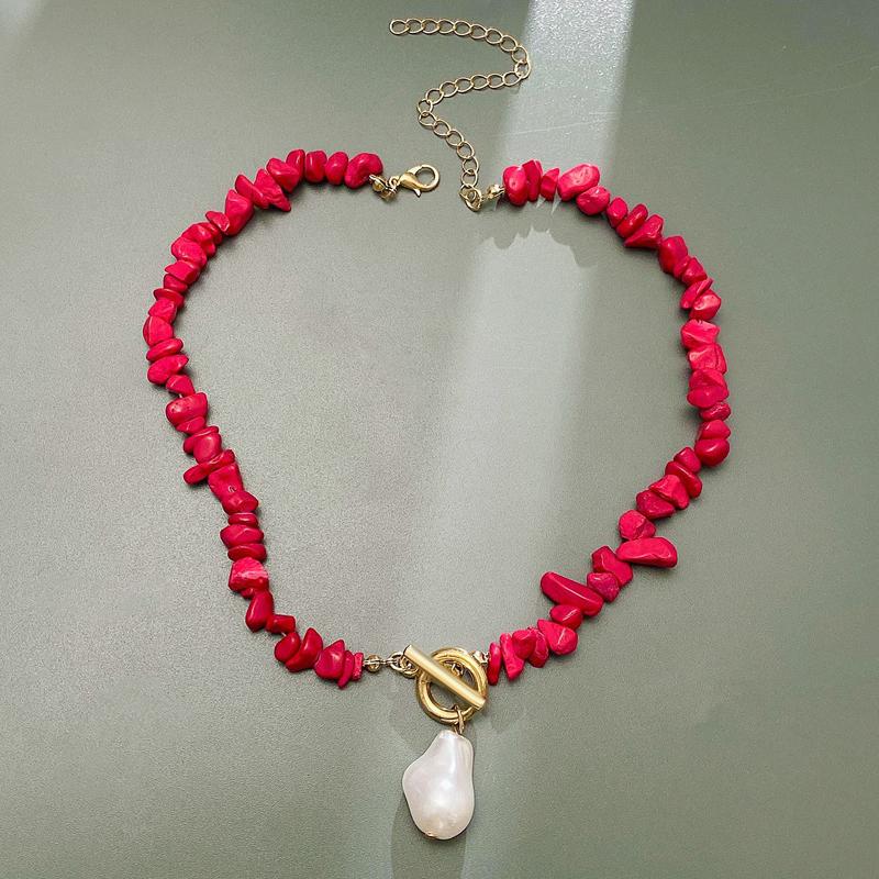 Vintage Irregular Stone Bead Necklace for Women Temperament Irregular Imitation Pearl Pendant Adjustable Clavicle Chain Zircon