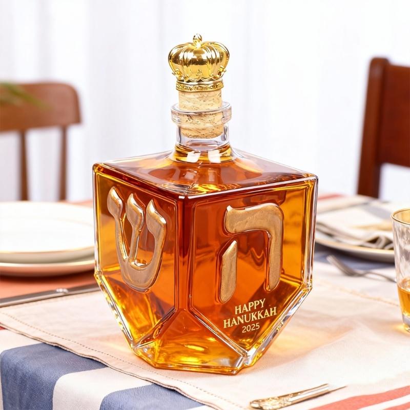 Artistic Glass Whiskeys Decanter with Gold Hebrew Letter Liquor Bottle with Hanukkah Themed Accent Centerpiece