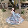 Seaside Vacation Style Print Suspender Dress Women, Summer New Bow Waist A-shaped Long Dress