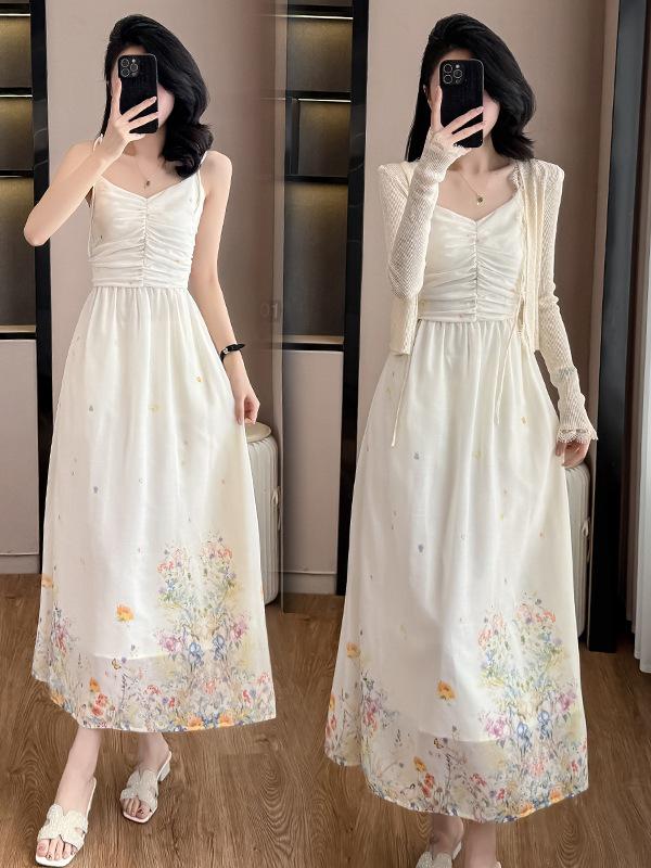 Women's Summer Spaghetti Strap Two-Piece Dress Set: Pure Style, Heavy Duty Print, Slimming Waist, Versatile Long Dress