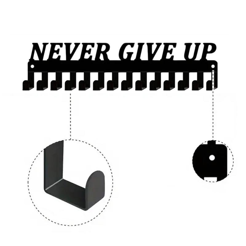 1Pcs Metal Wall-Mounted Medals Display Rack Never Give Up Design Inspirational Medal Holder Athletic Achievements Showcase Decor
