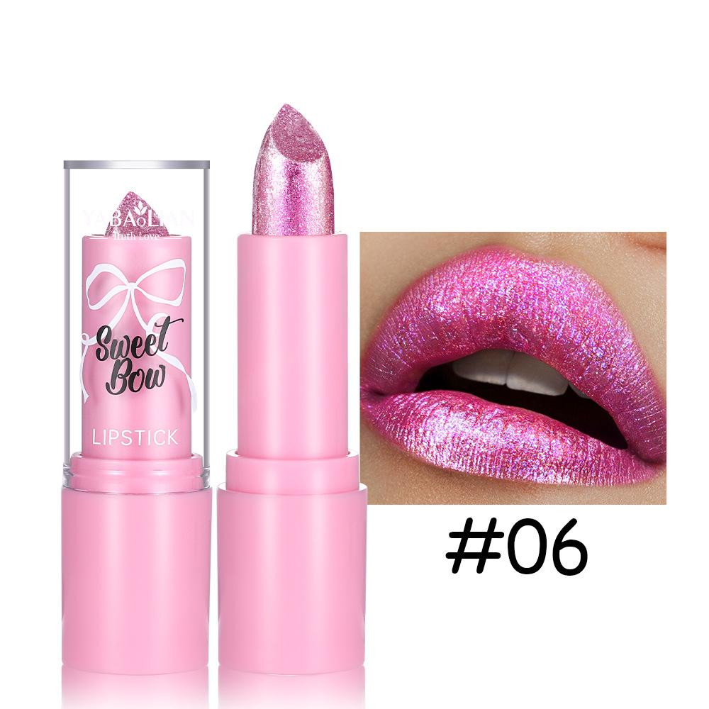 Bow Glitter Lipstick Bright Rose Pink Diamond Lipstick Mirror Pearlescent Shine Waterproof Long-Lasting Glossy Lip Tint Makeup