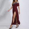 Women Evening Dress Hollow Out V Neck High Split Sequin Pleated Short Sleeves Plus Size A-line Off Shoulder Ankle Length Prom Party Maxi Dress