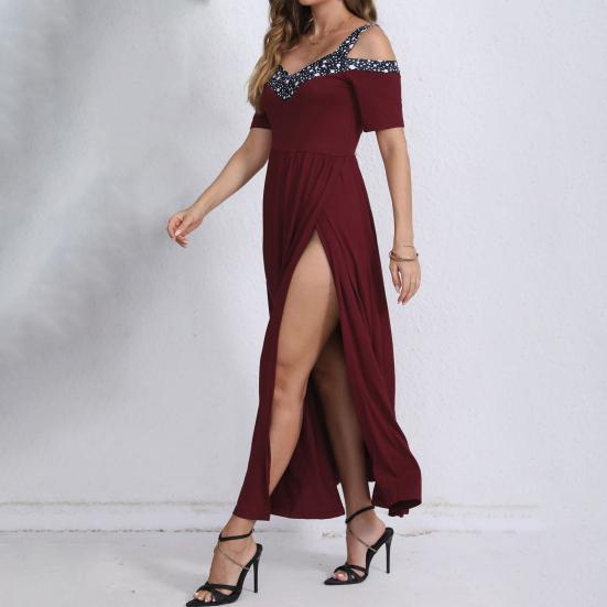 Women Evening Dress Hollow Out V Neck High Split Sequin Pleated Short Sleeves Plus Size A-line Off Shoulder Ankle Length Prom Party Maxi Dress