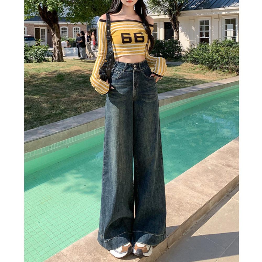 2380 Niche Fashion Double-button Mopping Jeans Women's Spring and Autumn Design Sense High Waist Wide Legs Casual Jeans