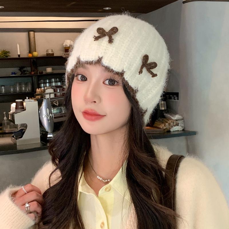 

Женская осенне-зимняя милая и универсальная вязаная шерстяная шапка с бантом в корейском стиле, шапка-обхват для большой головы, теплая шапка от холода, новинка One Size