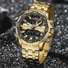 Fashion Golden Men Watch Multi-functional Quartz Wrist Watches Quartz Analog + LED Digital Movement Waterproof Steel Strap