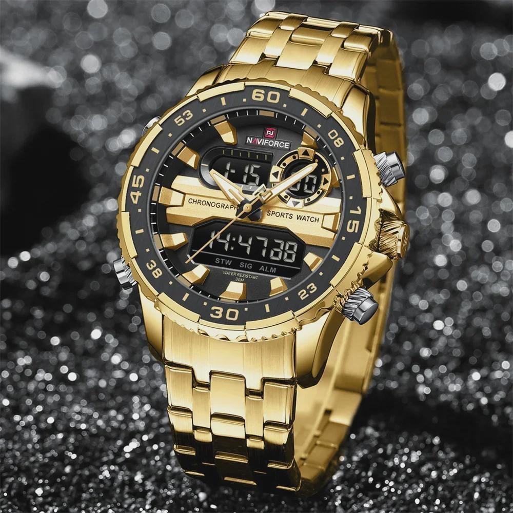 Fashion Golden Men Watch Multi-functional Quartz Wrist Watches Quartz Analog + LED Digital Movement Waterproof Steel Strap