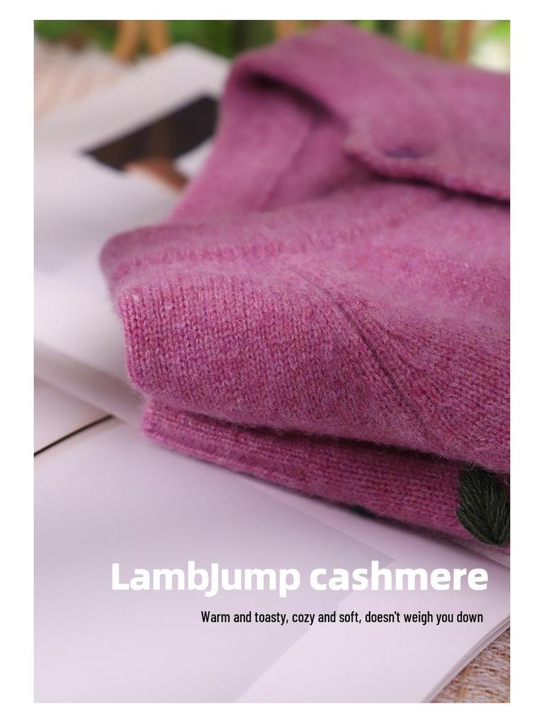 Girls' 100% Cashmere Purple Cardigan - Heavy Duty, Embroidered Knit Sweater for Spring & Autumn.