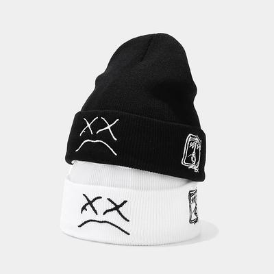 Beanie Knitted Hat Style  Embroidered Knitted Hat with Sad Expression  Warm Woolen Hat for Men and Women