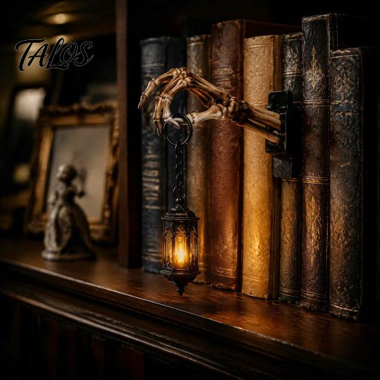 Dark Academia Home Accents Skeleton Hand Lantern Shelf Light, Warm LED Library Nightlight, Gothic Wireless Table Lamp Decorative Mini Bookshelf