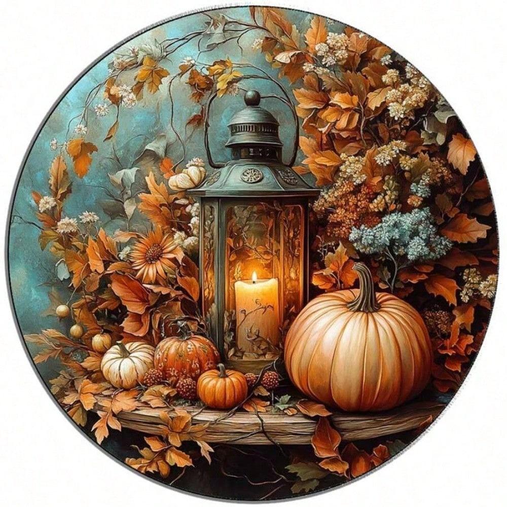 Metal Canvas Autumn Harvest Decor Round Fall Lantern Pumpkins Wall Art for Home 20x20