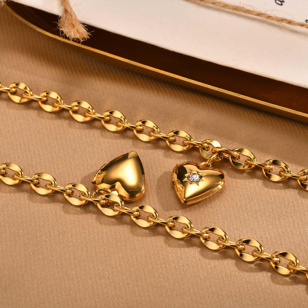 White Zircon Heart Shape Box Bracelet for Women Stainless Steel Gold Color Lip Chain OT Buckle Love Pendant Bracelets Jewelry