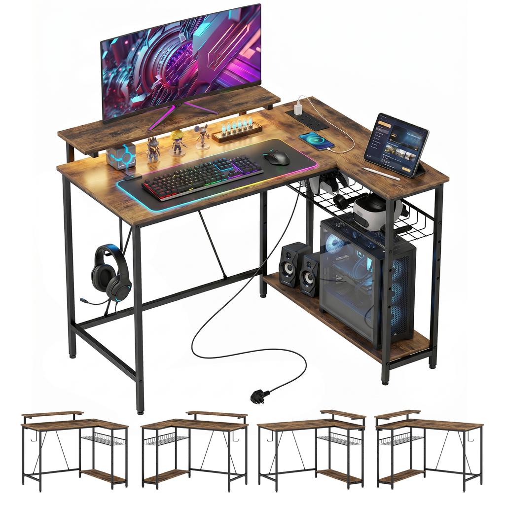 Reversible 'L' LED Light Gaming/Work Desk - Rustic Brown