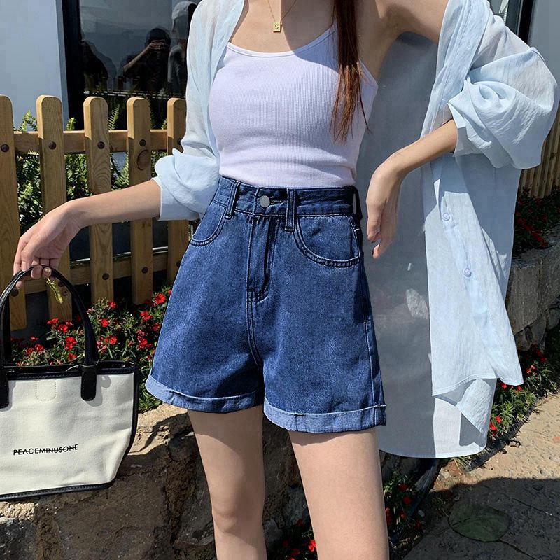 

Женские джинсовые шорты с высокой посадкой - Свободный А-силуэт, Подвернутый край, Лето 2021, Тренд в корейском стиле S