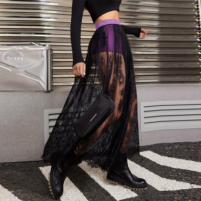 European & American Fashion Crochet Lace See-through Midi Skirt - Sexy, A-line, Spring/Summer, Micro-elastic.