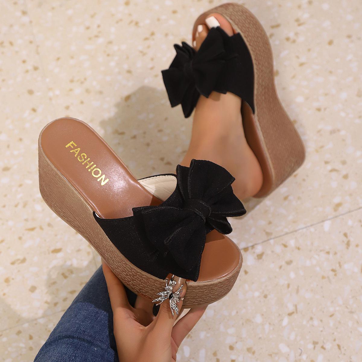 Women s Summer Bow Wedge Sandals, Non-Slip Height-Boosting Platform, Comfortable Versatile Outdoor Slippers 39