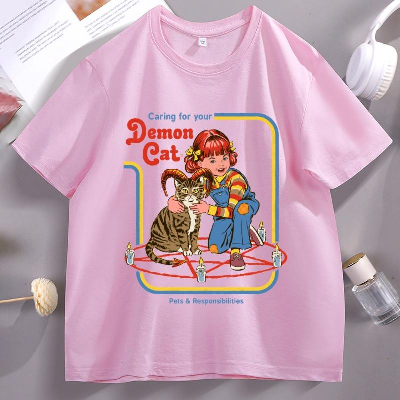 Caring for Your Demon Cat Print Tshirt Unisex Women Cotton Short Sleeve T Shirt Casual Round Neck High Quality Tshirt Streetwear