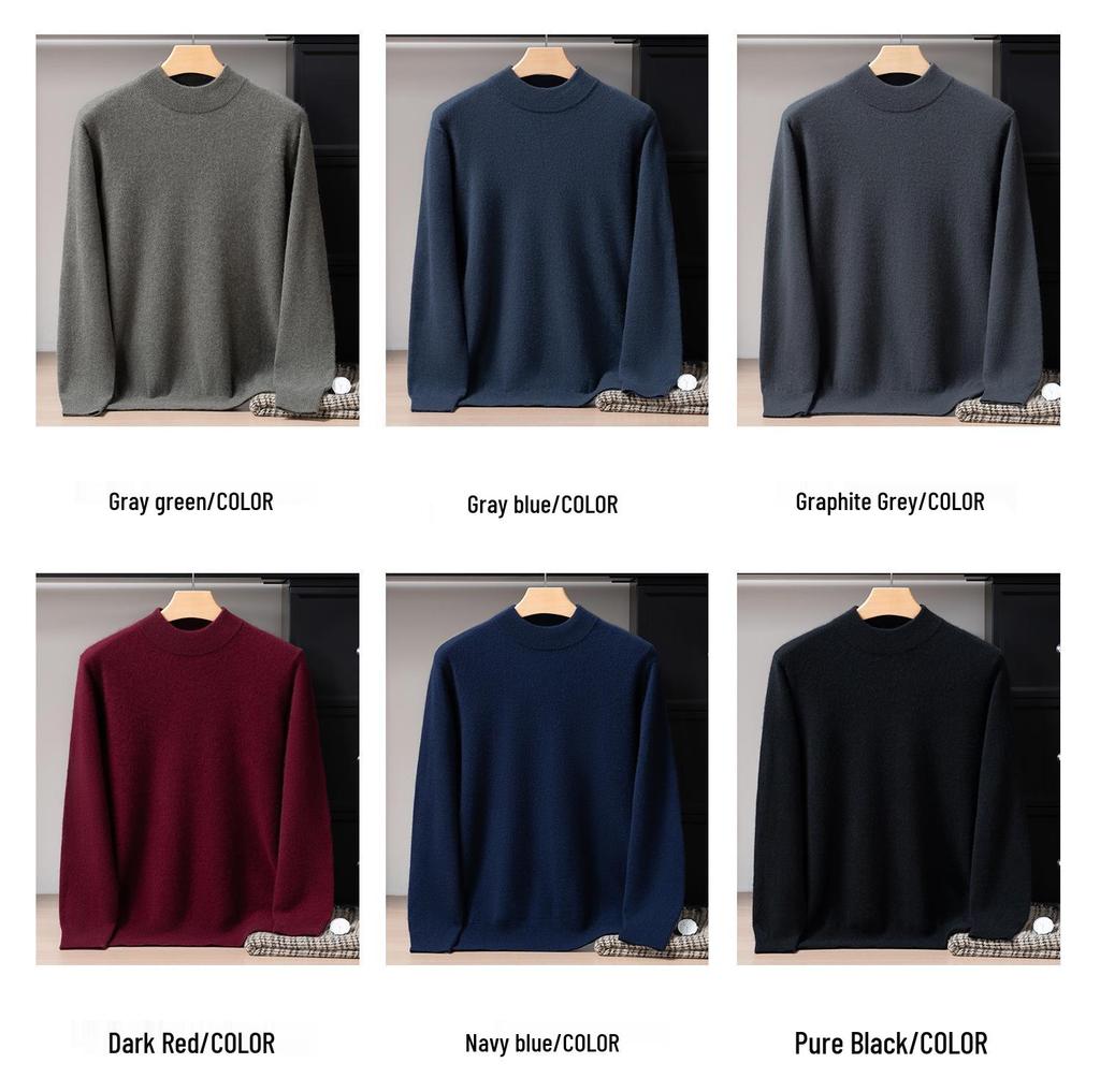Men's 12-Gauge Double-Layer Cashmere Sweater, Half-High Collar, Long-Sleeve, Business Casual, Warm Knitted Base Layer