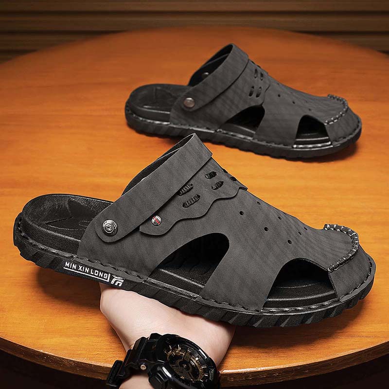 

Sandals men s summer wear non-slip and wear-resistant driving dual-purpose leather surface soft sole outdoor sports beach bag head slippers 44 чорний