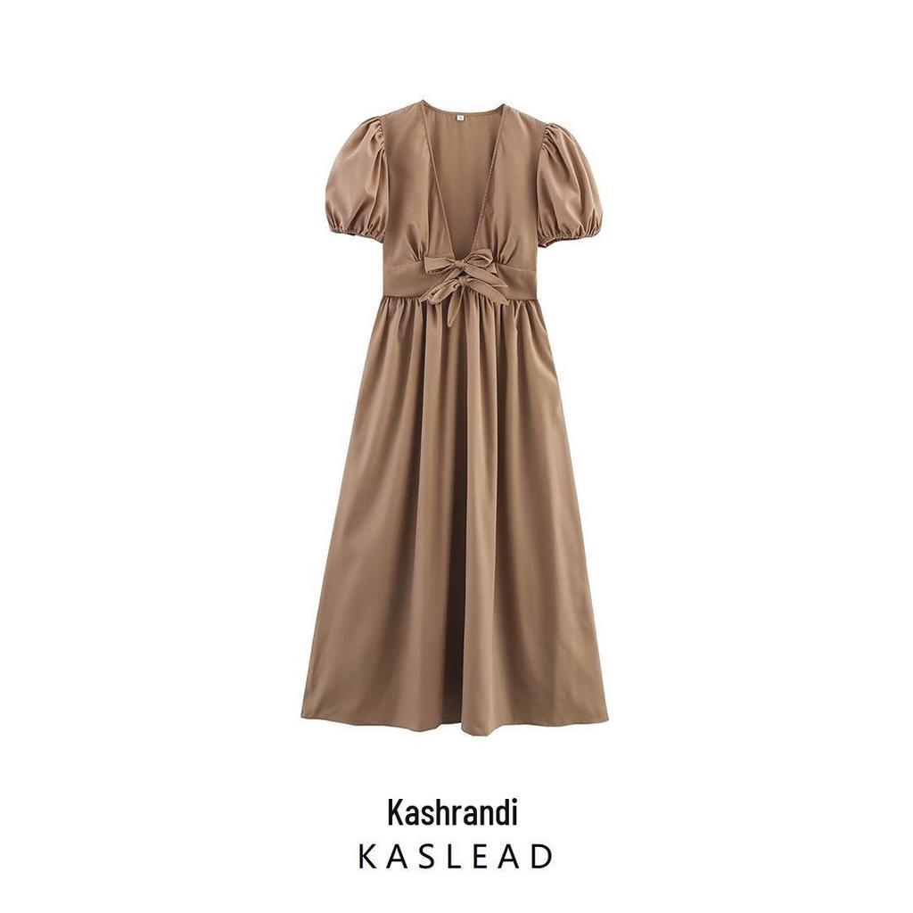 2025 Summer Women's European & American Retro Puff Sleeve V-Neck Dress with Bow Decoration