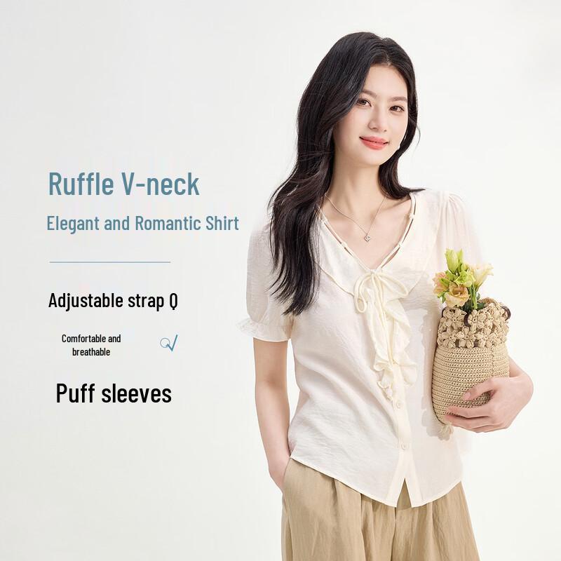 FivePlus Women s French Ruffled Short-Sleeve Blouse L