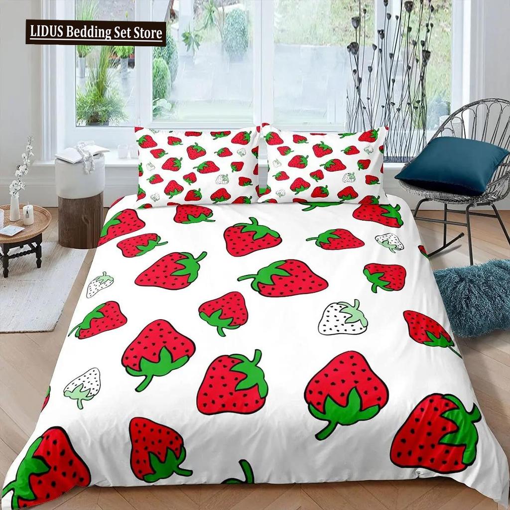 Strawberry Duvet Cover Set Girl King Size Comforter Cover Set Red Strawberry Bedding Set Food Fruit Quilt Cover For Kids Gift