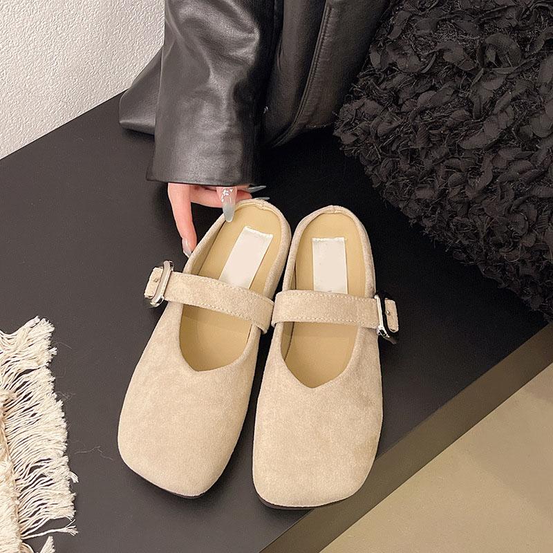 Fashion Spring Retro Single Shoes Comfortable Flat Bottom Ladies Sandals Square Toe Ballerina Style Slippers Casual Solid Mules Slides