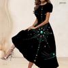 Women Plus Size Round Neck Short Sleeve Printed Black Gathered Waist A Line Long Dress