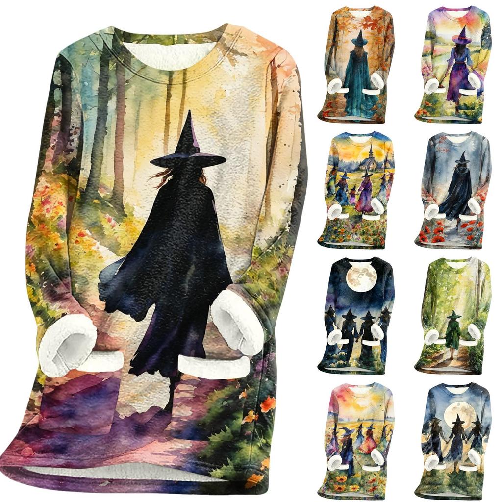 Women's Halloween Print -Lined Long Jacket for Fall and Winter Warmth