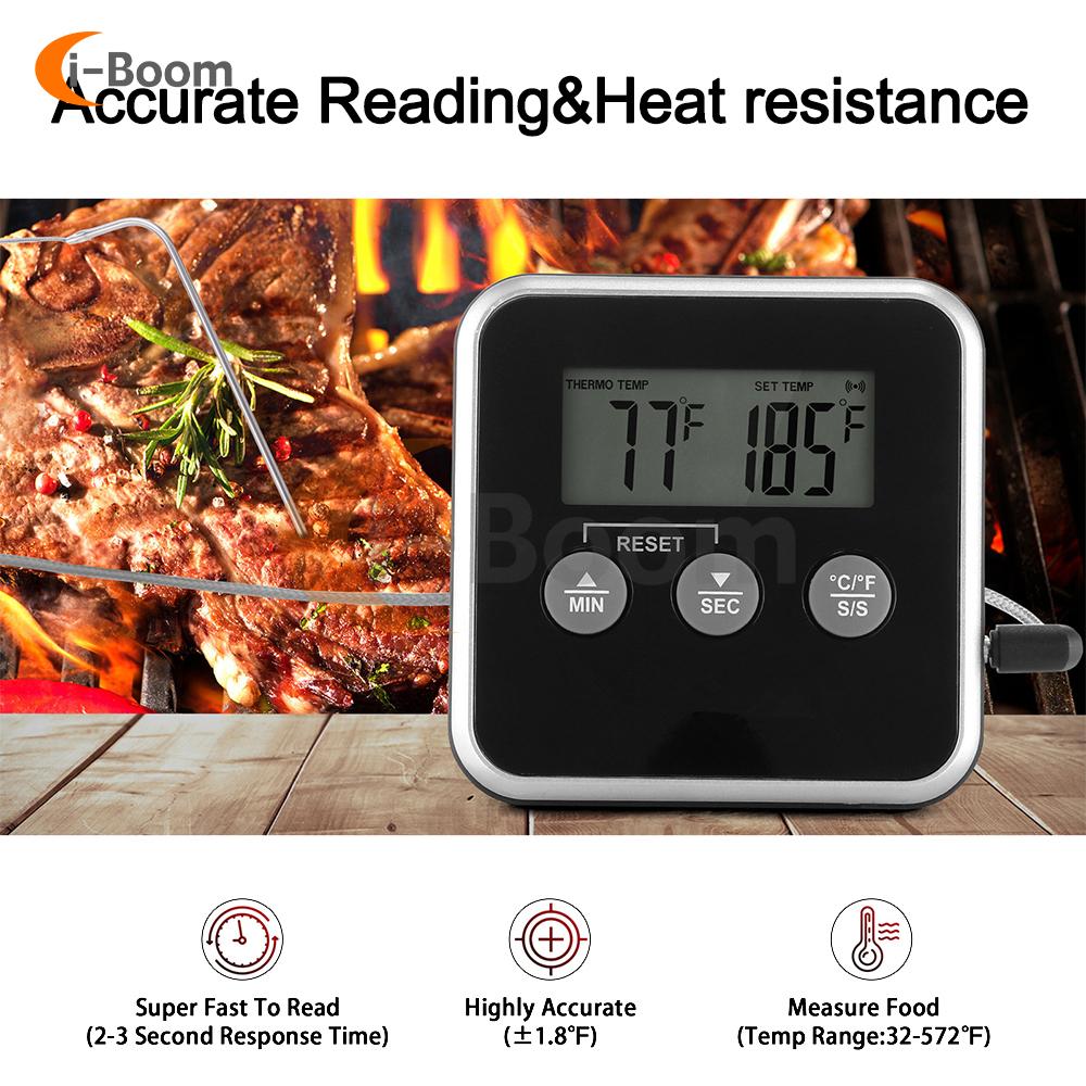 LED Digital Thermometer with Waterproof Probe BBQ Oven Temperature Inspection Instrument Timer High Temperature Alarm