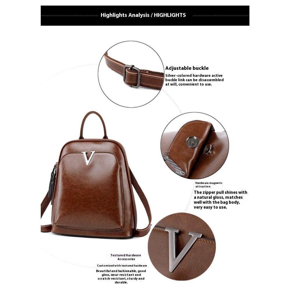 Leather Backpack Oil Wax Cowhide Backpack Women's Retro Schoolbag