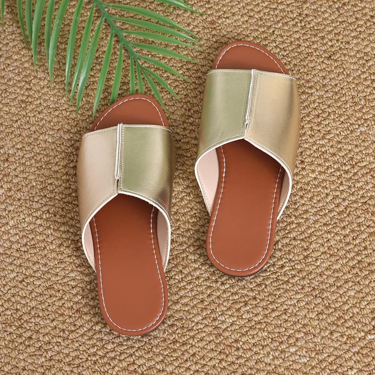

Woman Summer Flat Slippers Casual Round Toe Versatile Shoes for Women Indoor Home Wear Slides Roman Style Solid Soft Sole Slides 36 золотий