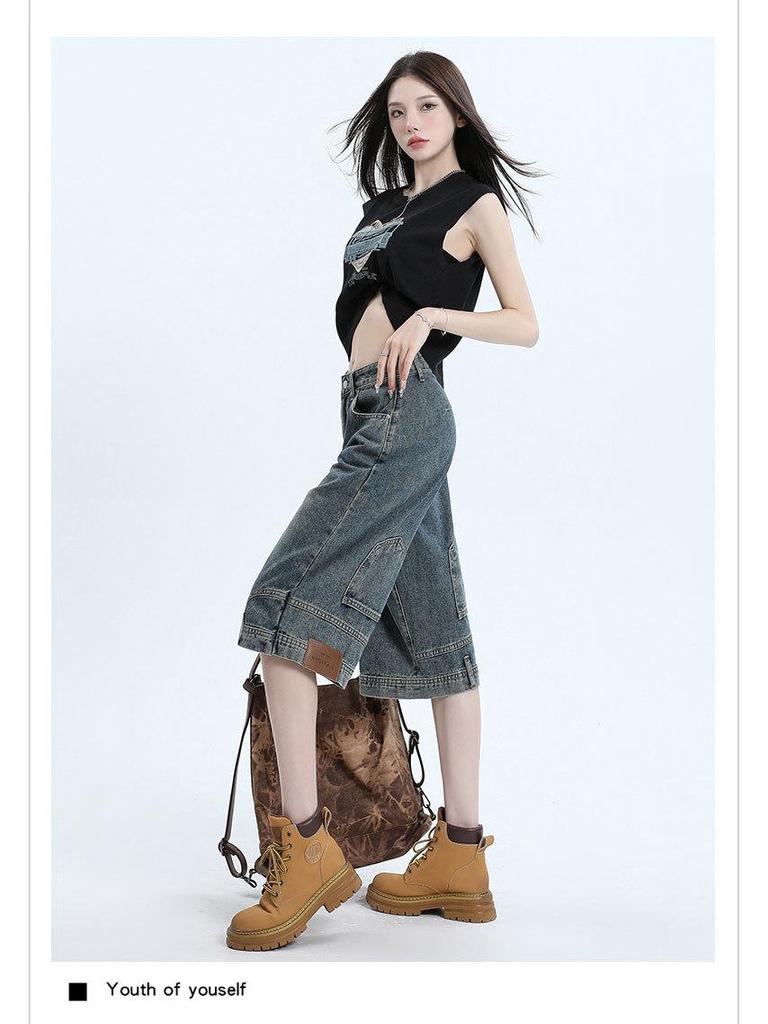 Inverted Hem Wide-Leg Six-Point Jeans - Trendy, Loose, Cool Mid-Length Pants