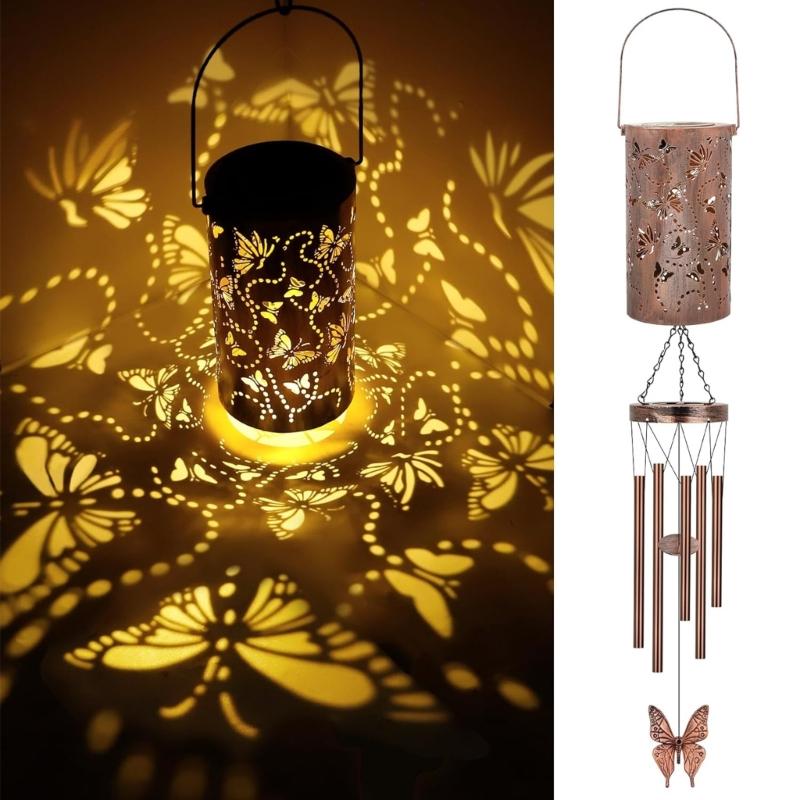 Artistic Elegant Solar Lighted Metal Butterfly Wind Chime Perfect For Garden Lawn Porch And Yard Decoration Tree Hanging