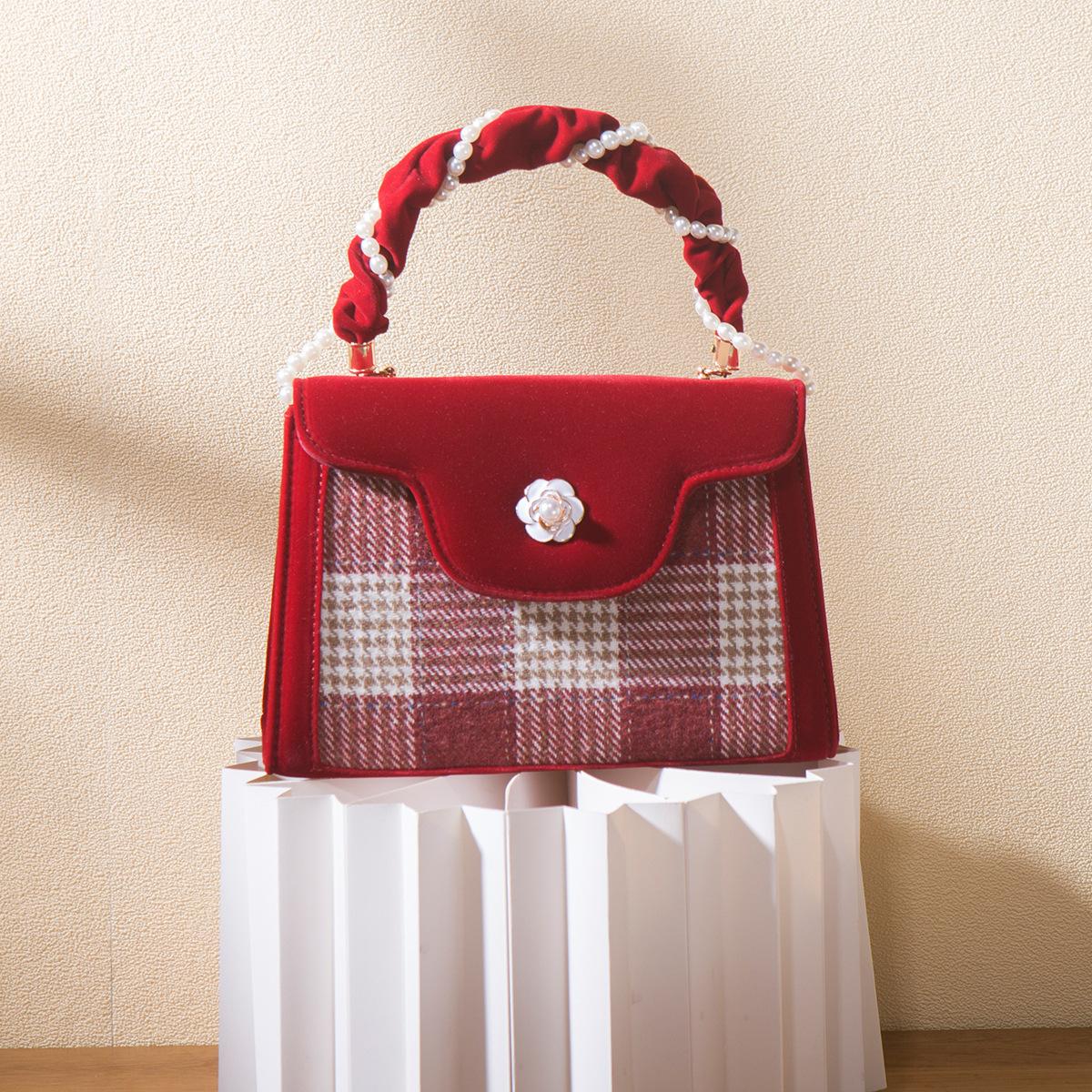Plaid red wedding bag 2024 new model niche high-end bridal bag for women stylish crossbody handbag Plaid red