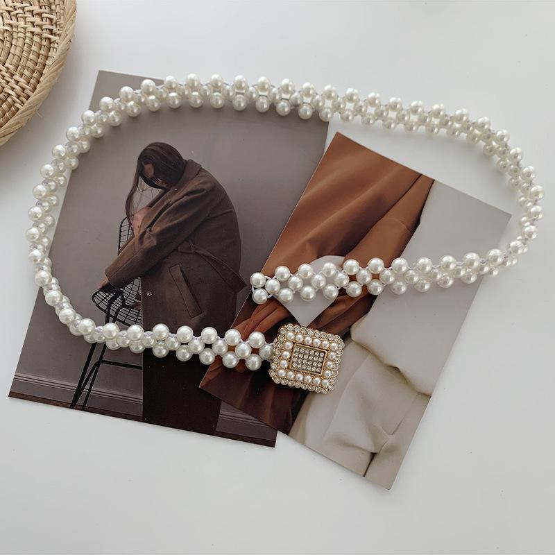 

Womens Pearl Modern Belt Stylish Elastic Waist Accessory Ideal For Dresses Sweaters And Pearl Square