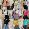 Women's Crew Neck Short Sleeve Crop T-Shirt Slim Fit Candy Color Solid Polyester Cropped Top Multi Color Y2K Summer Casual Tee