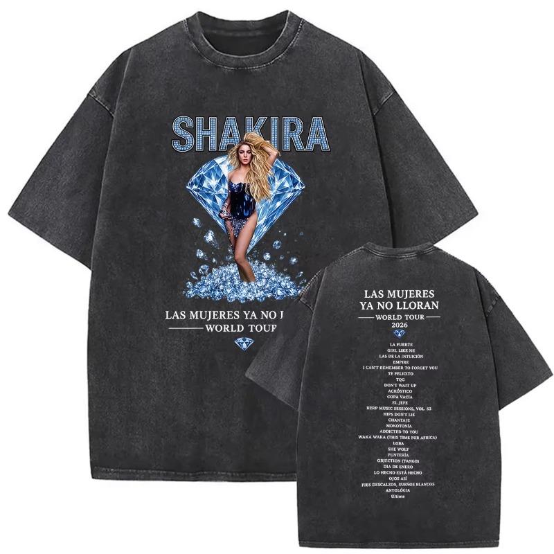 Énekesnő Shakira Las Mujeres Ya No Lloran Világkörüli Turné 2026 Vintage Mosott Pólók Nyári Kerek Nyakú Pamut Póló